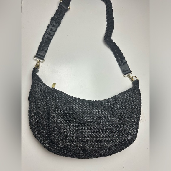 Jules Kae Zola Black Straw Moon Shaped FauxVegan Leather Braided Strap Purse NWT - Picture 6 of 16